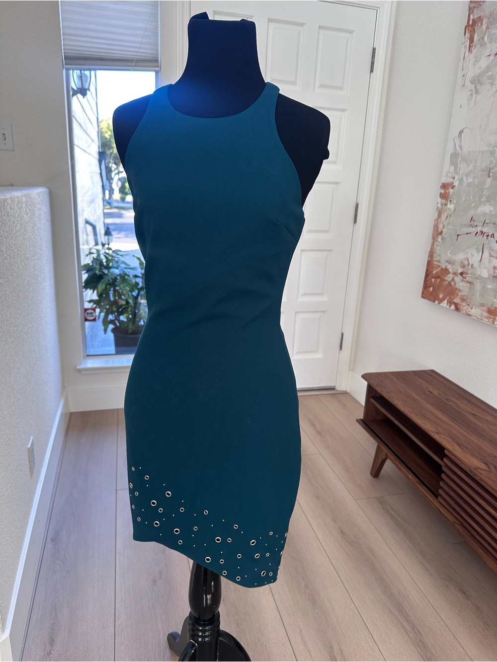 Elizabeth and James Teal Sleeveless Bodycon Dress with Eyelet Hem